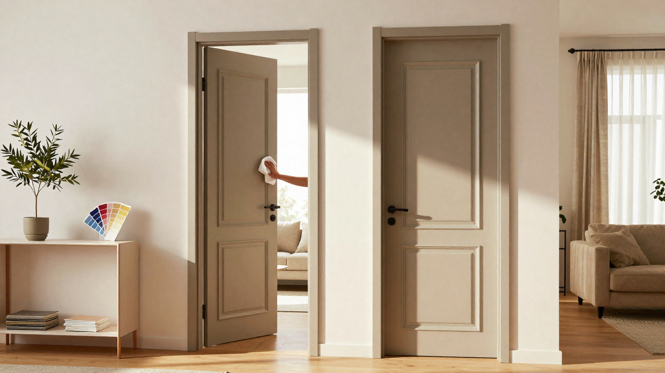 Two beige doors in a bright room with a sofa, plant, shelves, and a hand wiping one door with a cloth.