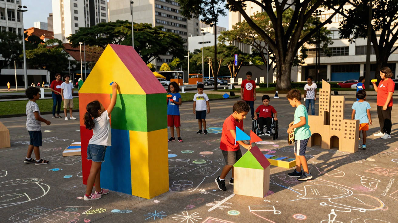 Children playing with large colourful building blocks and chalk drawings on a city pavement in an urban park.