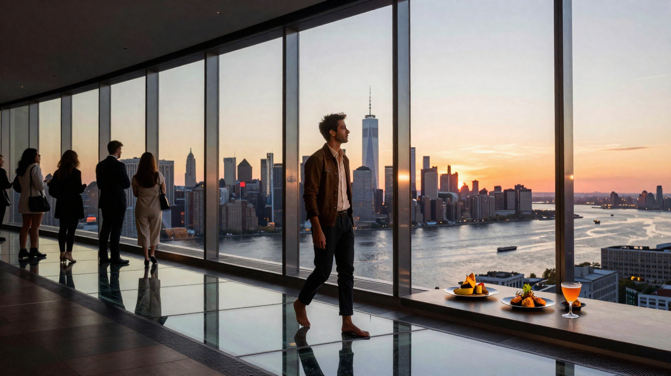 People admire a sunset view of New York City skyline through large glass windows from an indoor observation area.