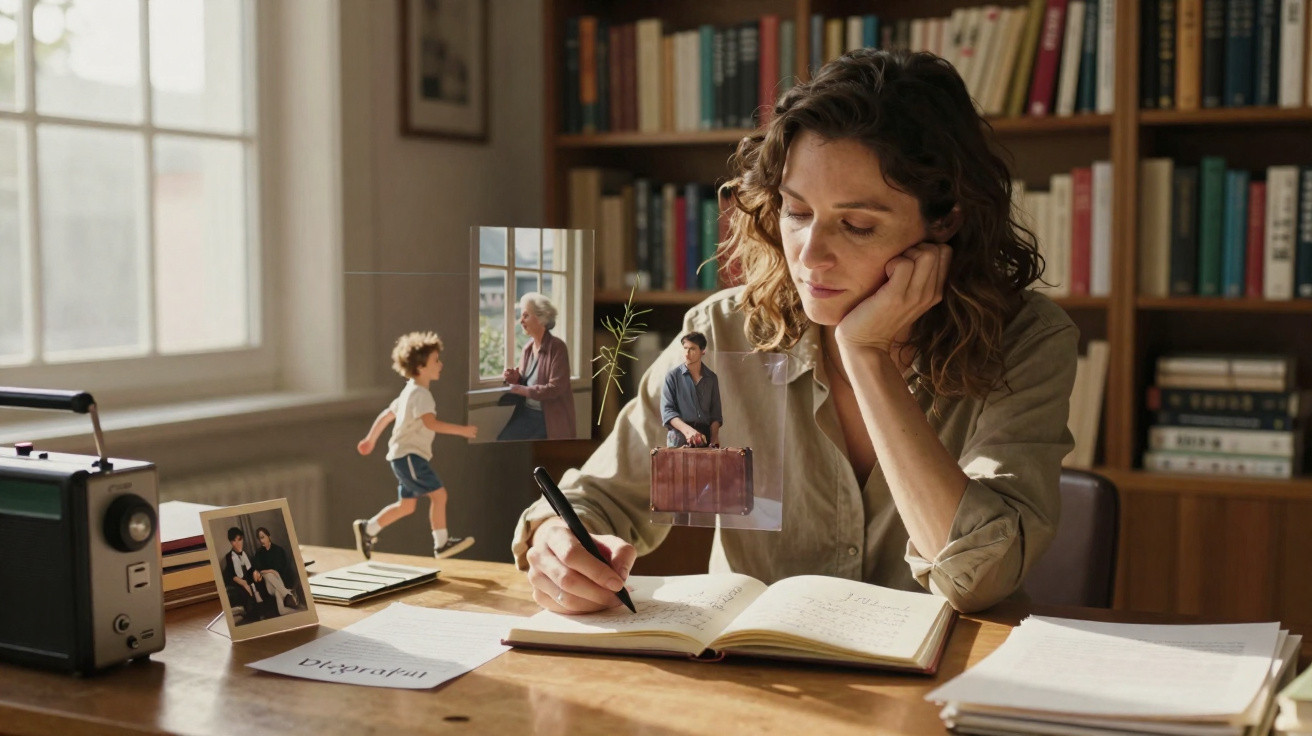 Woman writing in a notebook at a desk with floating images of a boy, an elderly woman, and a man with a suitcase.