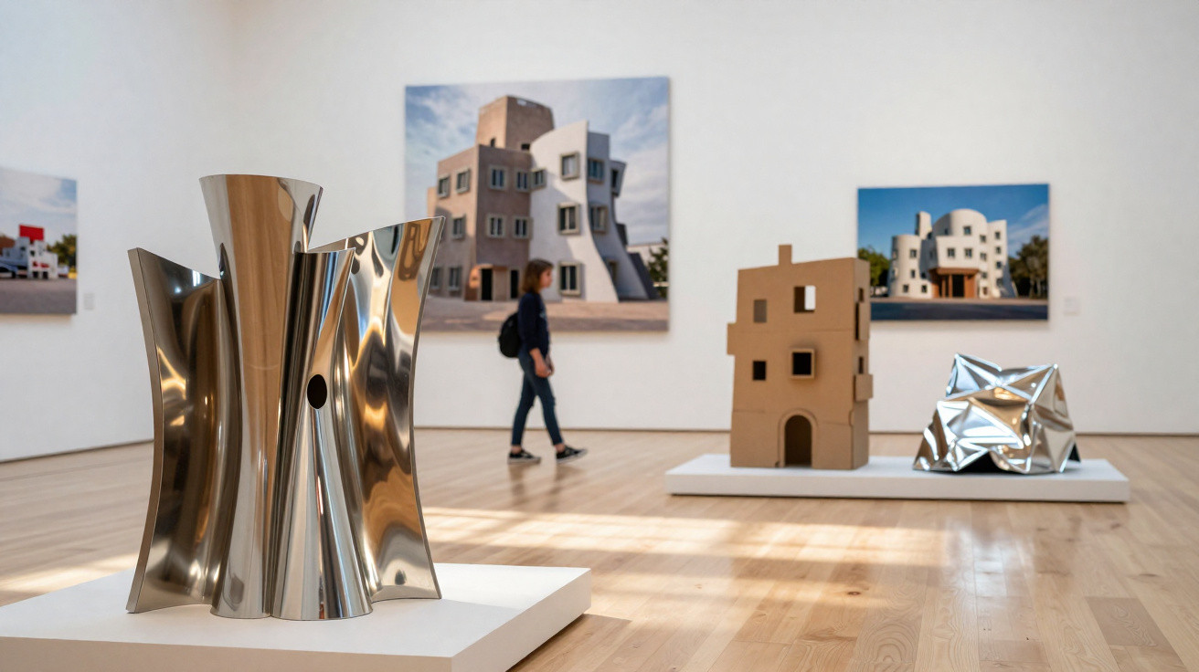 Modern architectural sculptures and photographs displayed in a contemporary art gallery with wooden flooring.