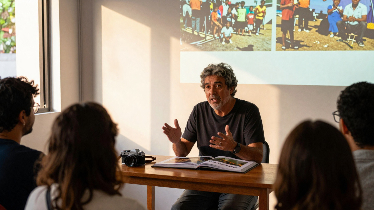 Man with grey hair giving a presentation to a seated audience with photos projected on a wall behind him.