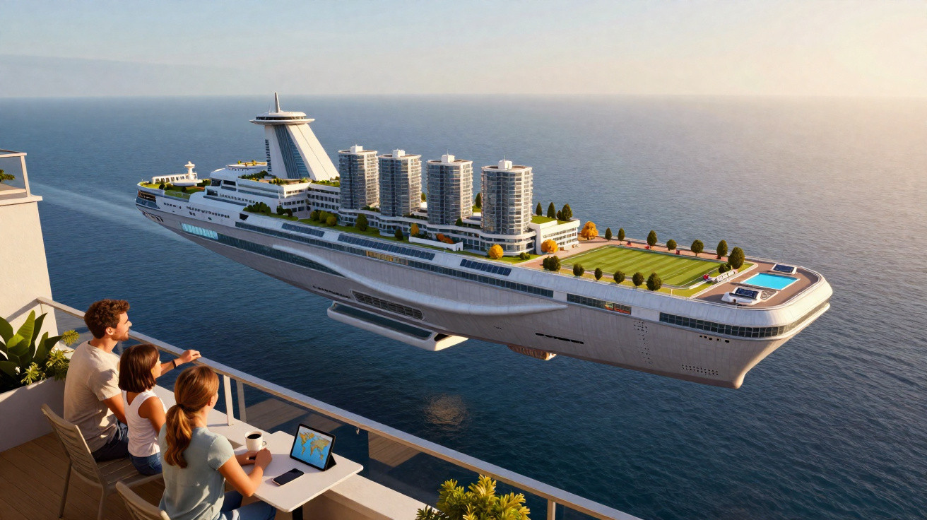 Three people watch a futuristic flying yacht with buildings and greenery over the ocean at sunset.