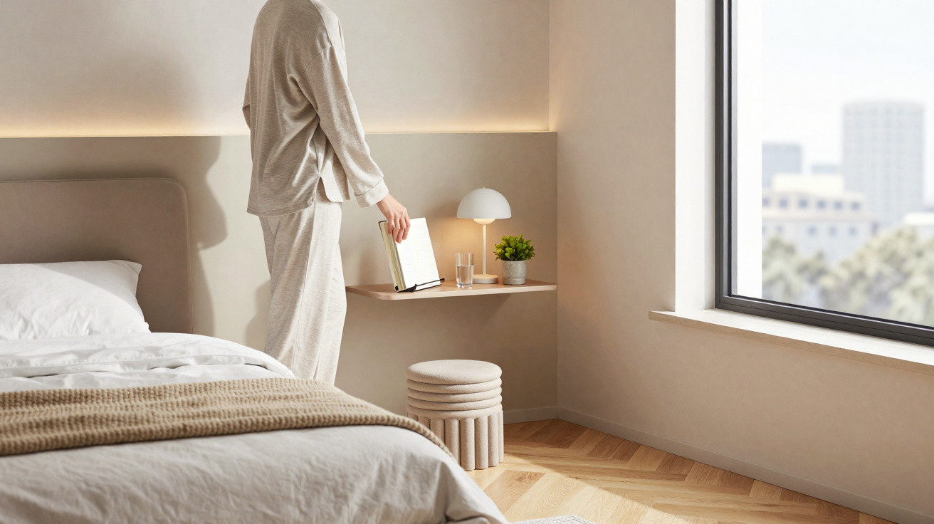 Person in beige loungewear adjusting items on a small wall-mounted desk next to a large window in a minimalist bedroom.