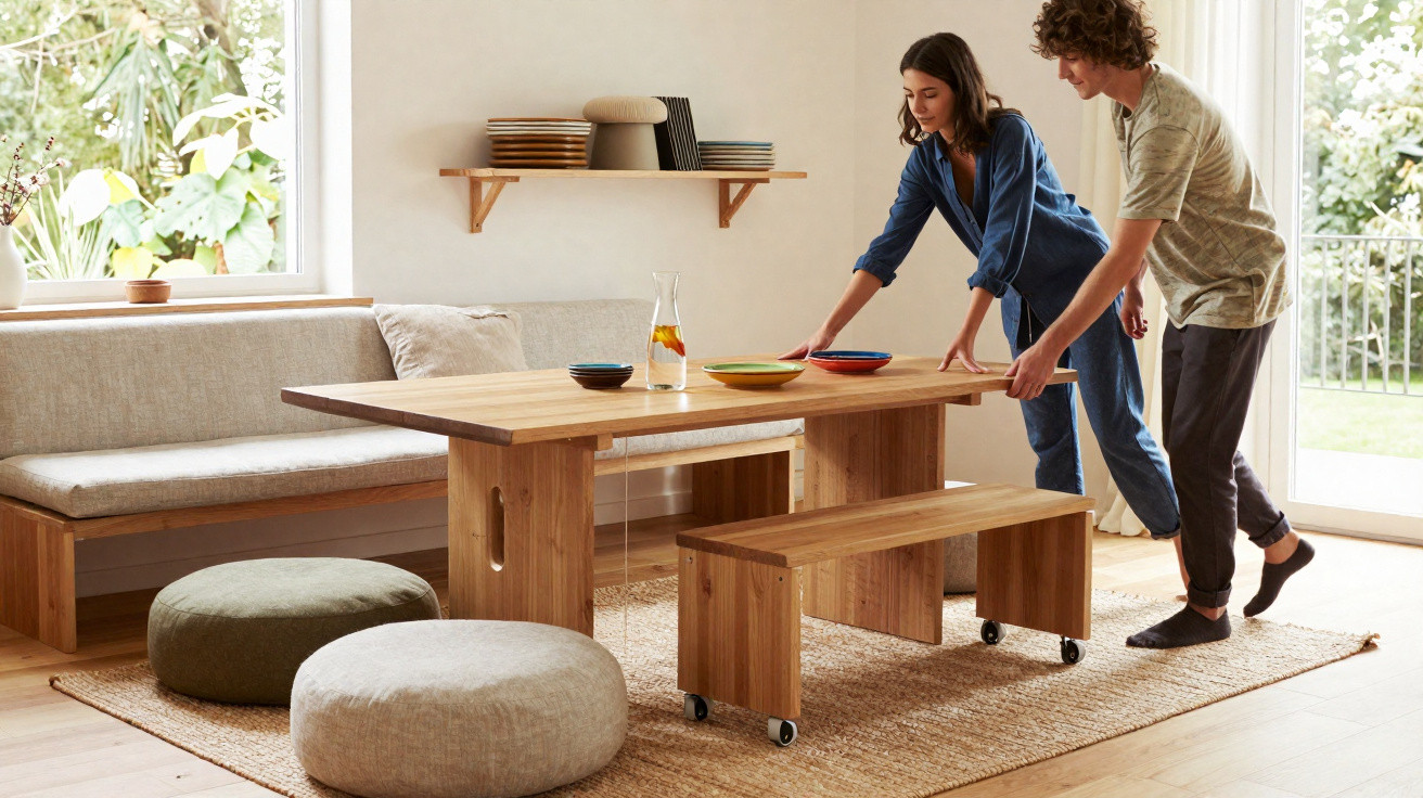 A couple arranging bowls on a wooden table in a bright, cosy dining area with benches and poufs.