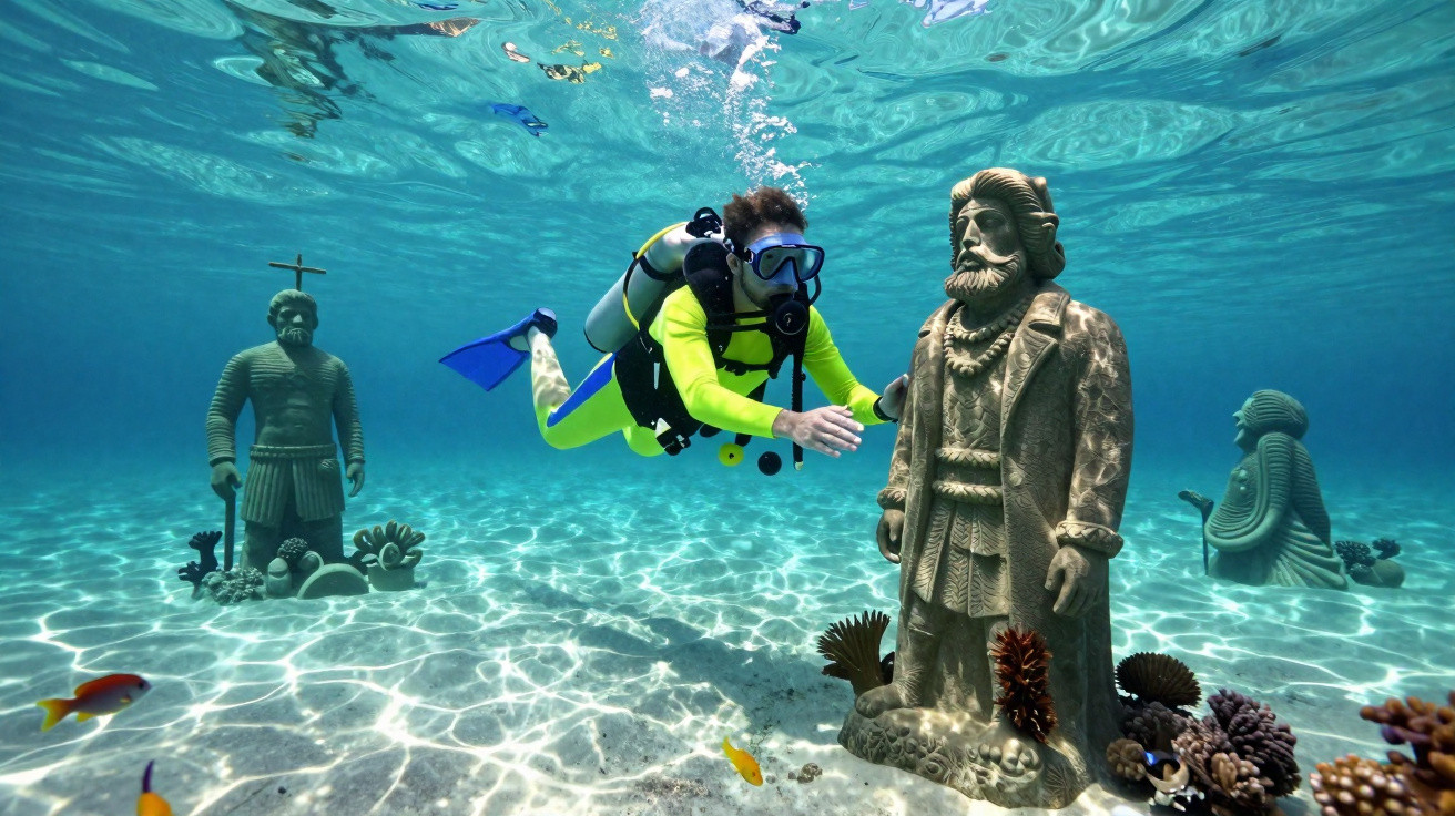 Scuba diver exploring underwater statues surrounded by colourful fish and coral on a clear day.