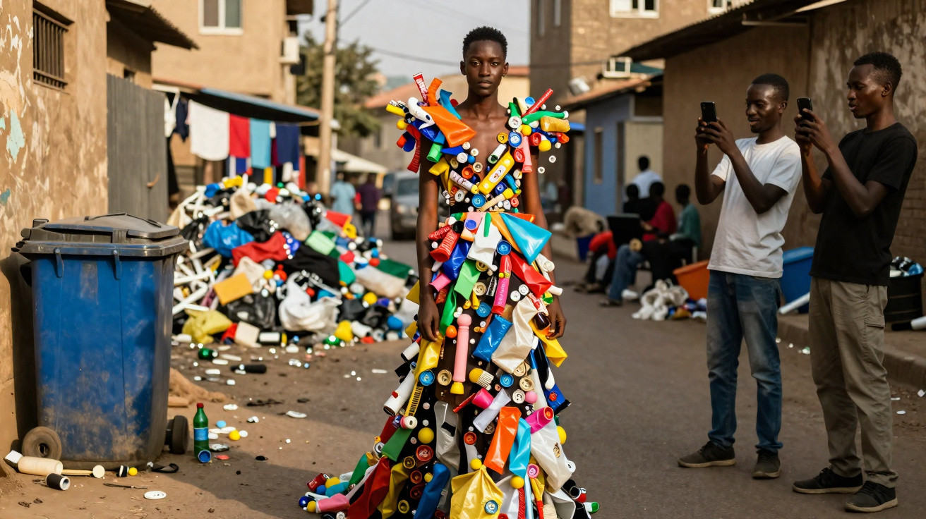 Person wearing a vibrant dress made of colourful plastic debris, standing on a street with onlookers taking photos.