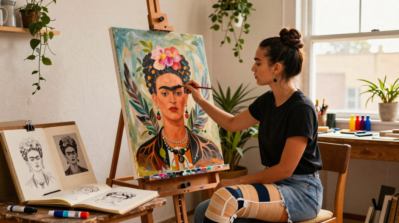 Woman artist painting a colourful portrait of Frida Kahlo on an easel in a bright, plant-filled studio.