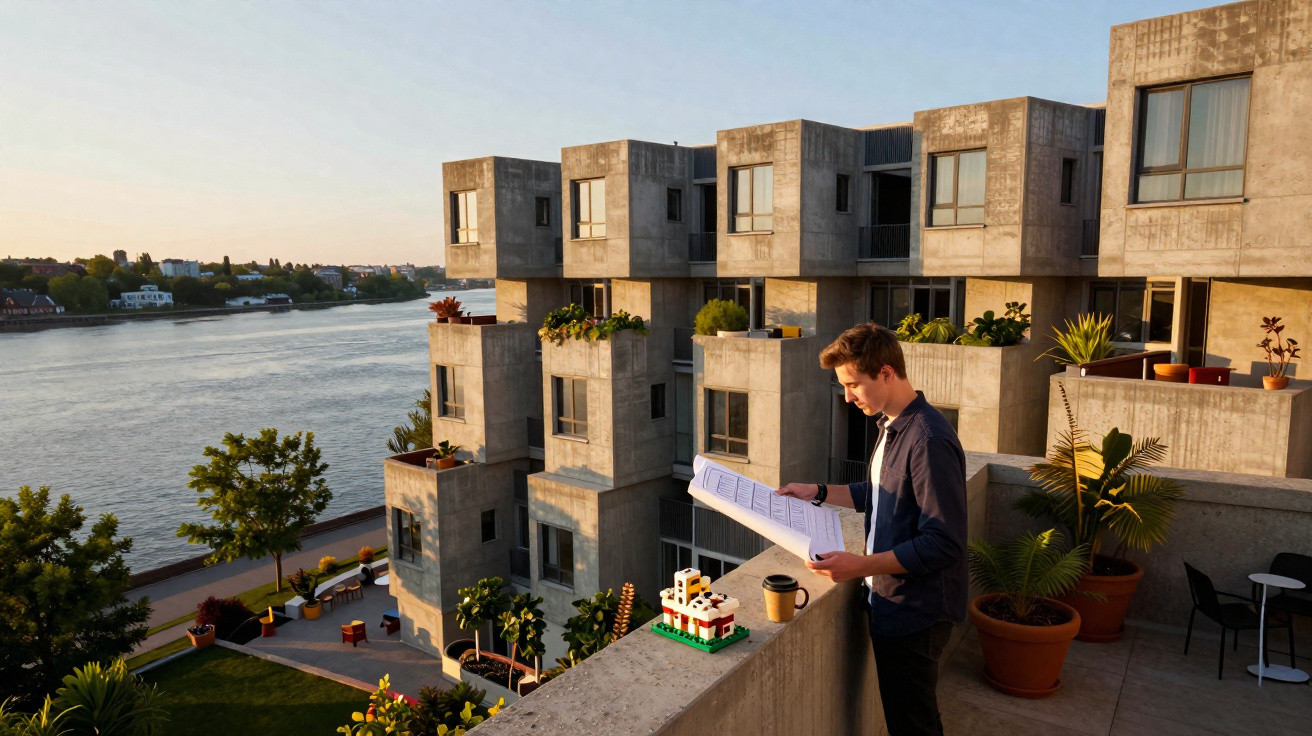 Man reading documents on balcony overlooking river beside modern concrete apartment building at sunset