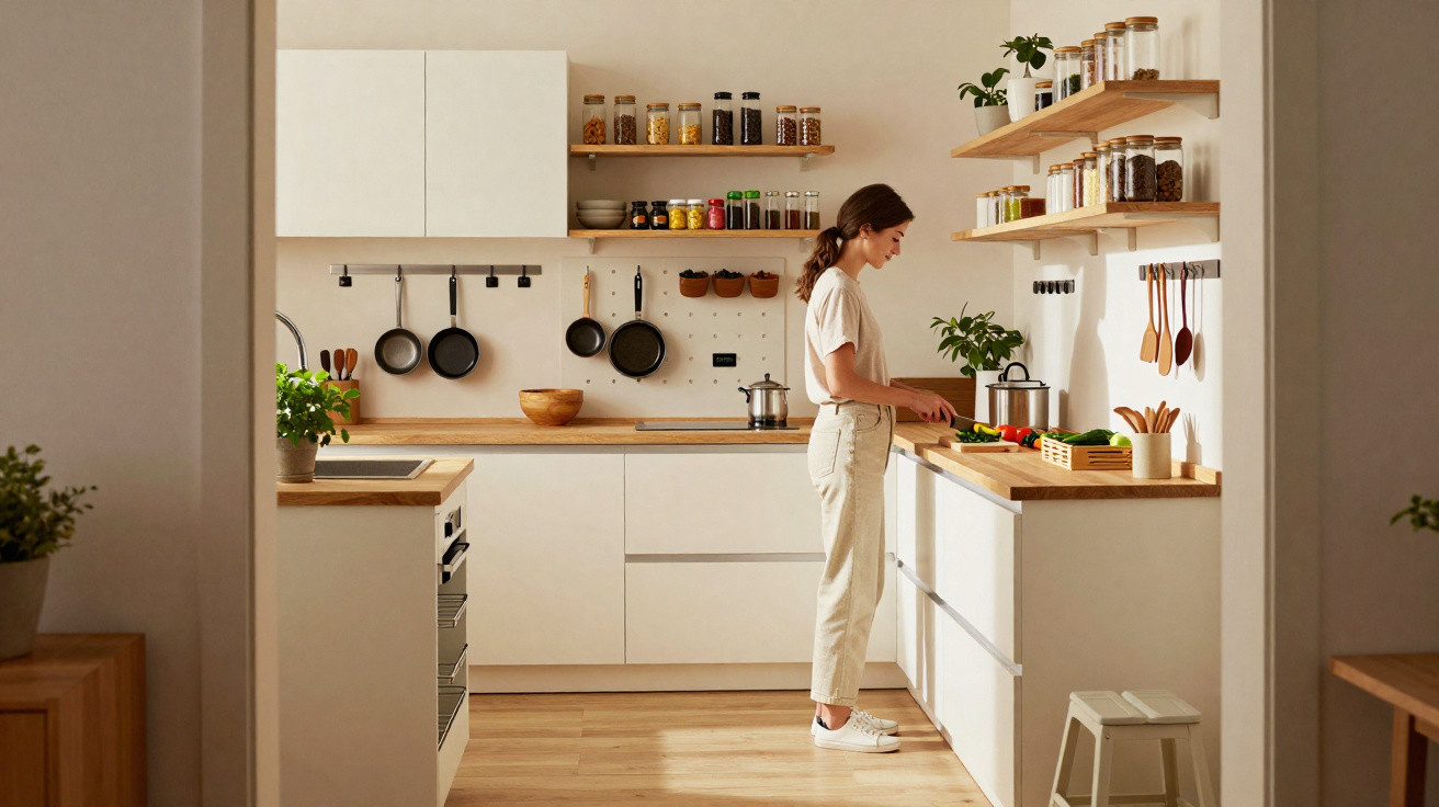Woman chopping vegetables in a modern, white kitchen with wooden countertops and open shelving.