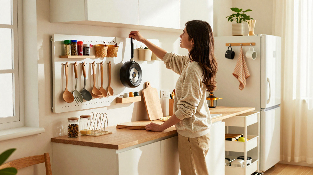 Woman reaching for a frying pan on a kitchen wall rack with wooden utensils and jars in a bright kitchen.