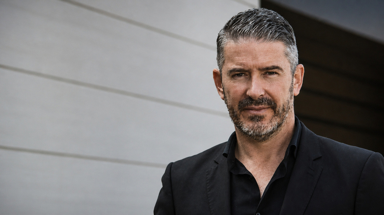 Middle-aged man with greying hair and beard wearing a black suit against a modern building background