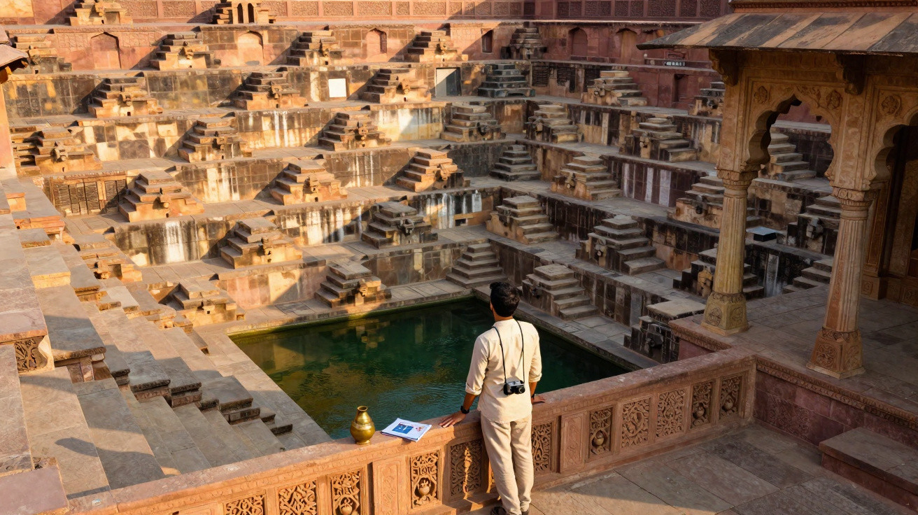 Man with binoculars overlooks ornate ancient stepwell with central water tank in warm sunlight.