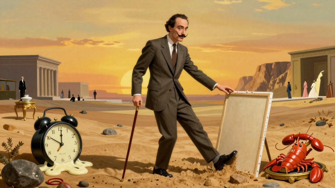 A surreal desert scene with a man in a suit, a melting clock, and a large lobster on a tray.