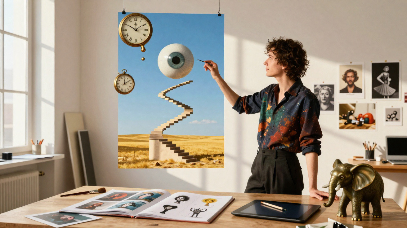 Artist in a studio painting a surreal artwork featuring a floating eye, clocks, and a spiral staircase.
