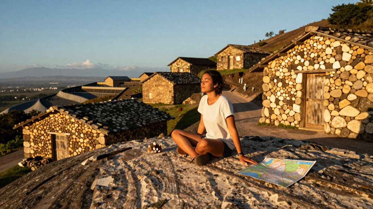 Woman in white t-shirt sitting cross-legged on rocky hill with map, surrounded by stone houses at sunset.