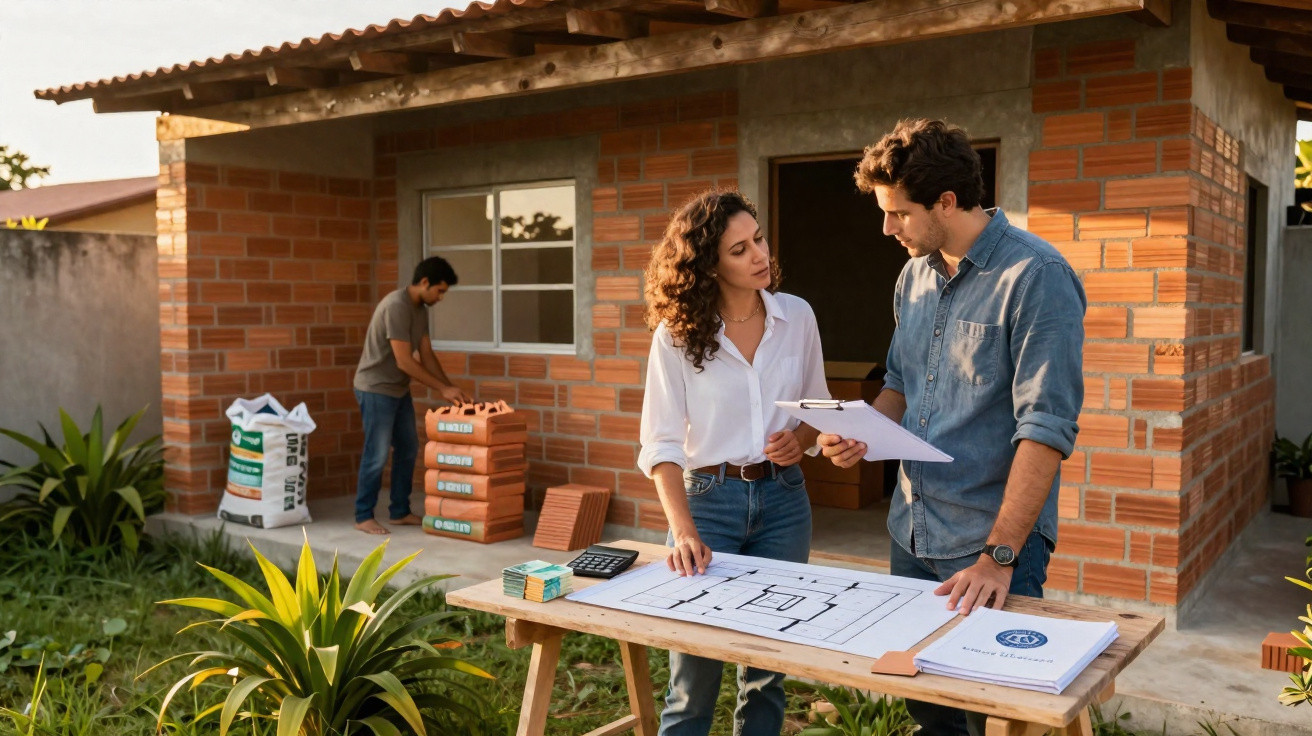 Two people reviewing building plans on a table outside a partially built brick house.