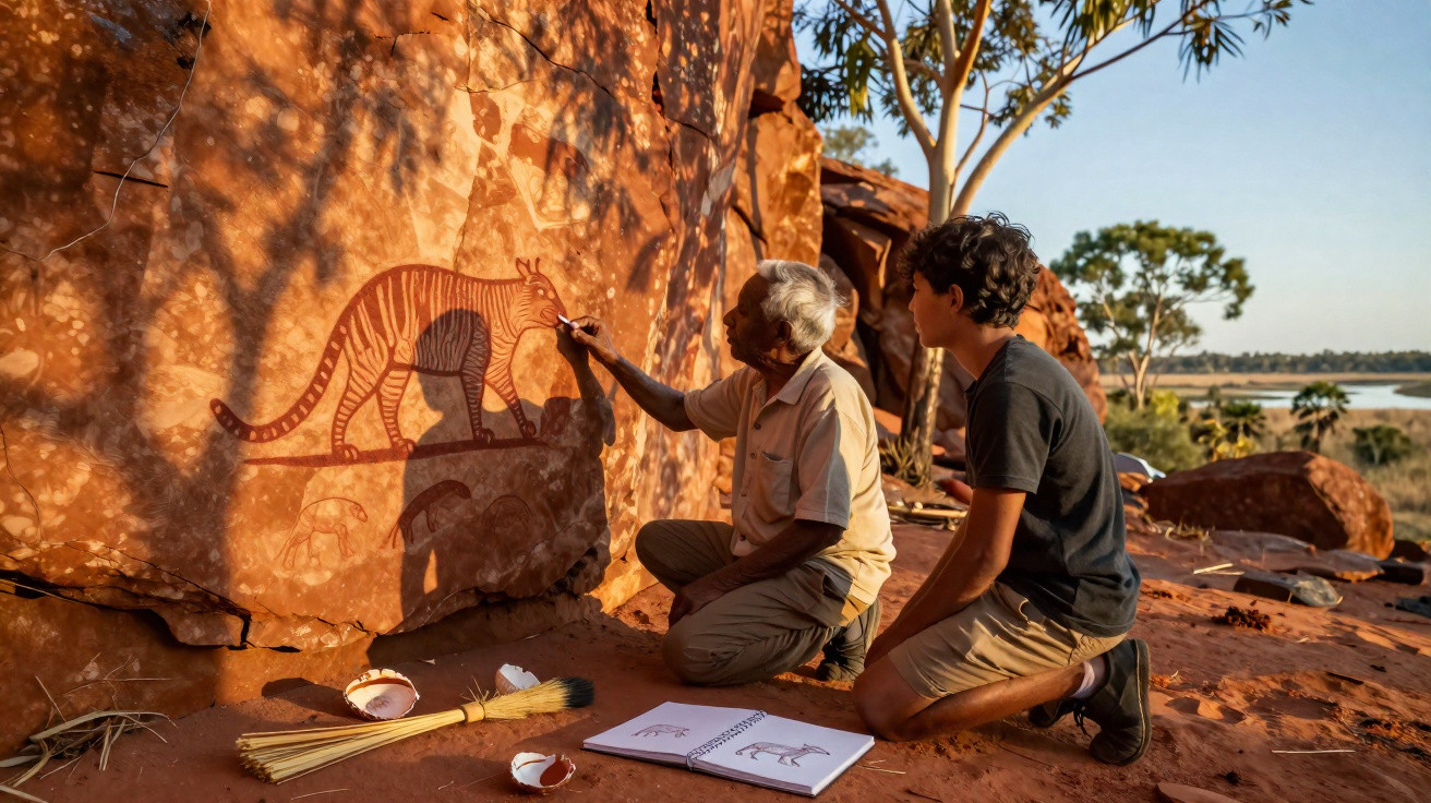 Two people painting an Indigenous-style kangaroo on a rock face outdoors at sunset.