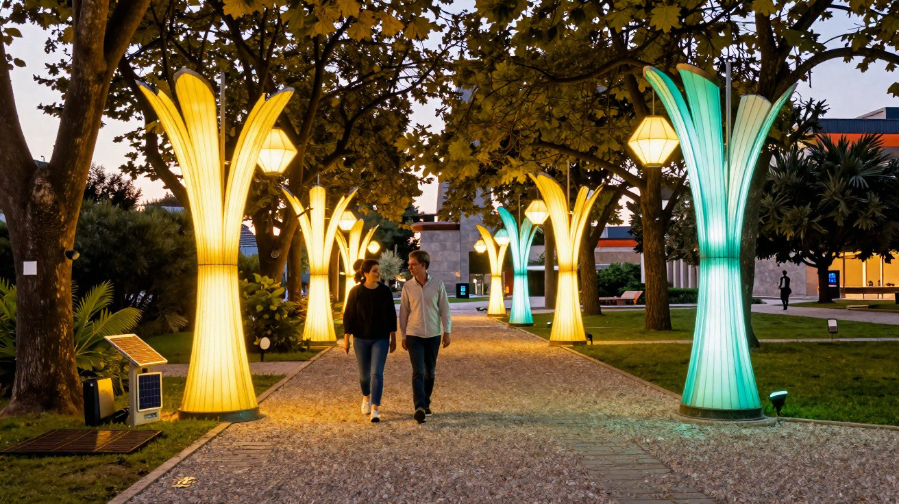 Couple walking along a park path lit by tall, colourful flower-shaped lamps at dusk.