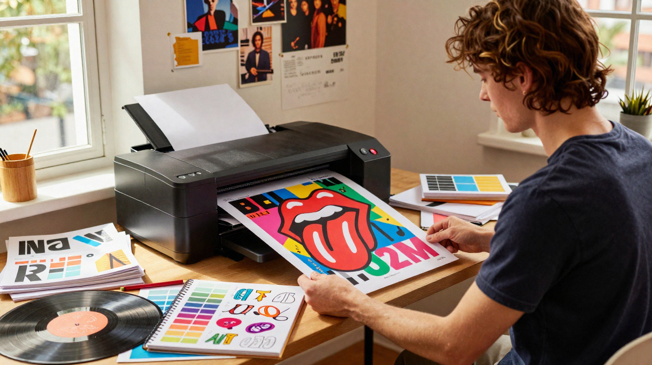 Person sitting at a desk removing a colourful printed poster from a printer in a bright room with artwork on the walls.