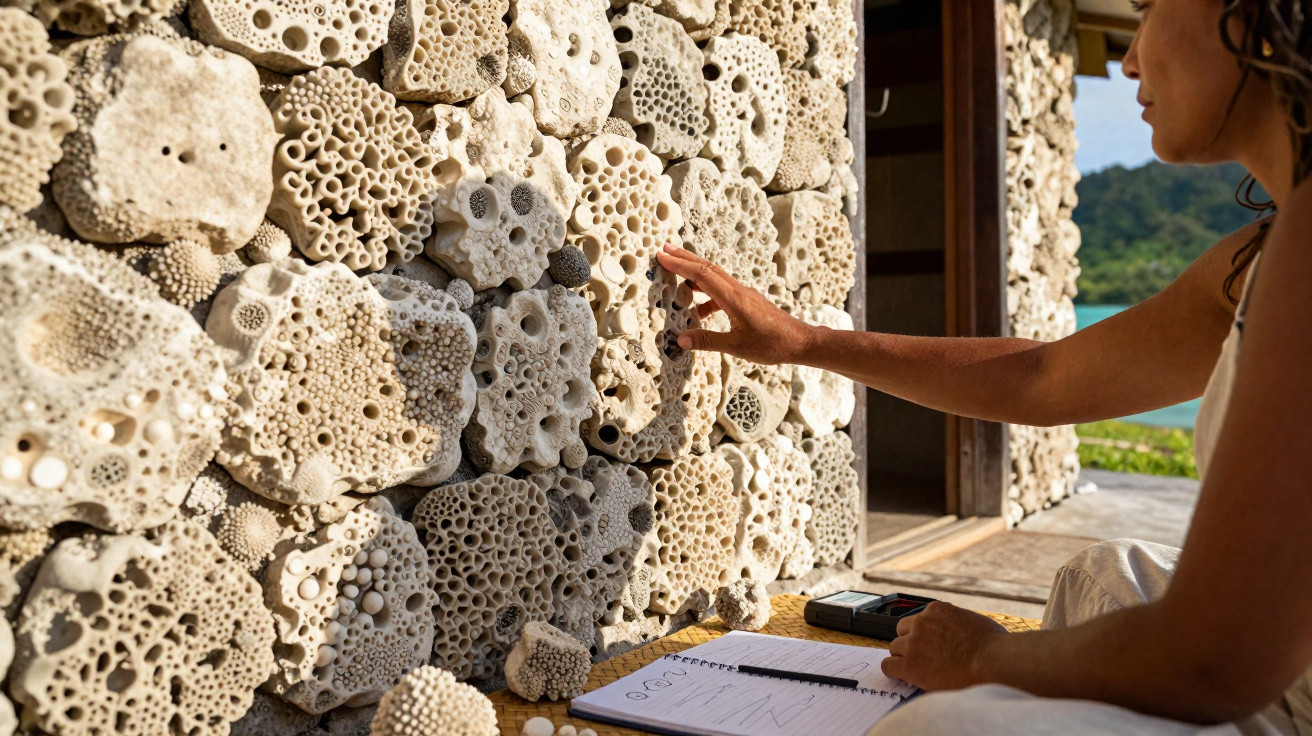 Person touching a wall made of porous coral-like stones with a notebook and pen nearby.