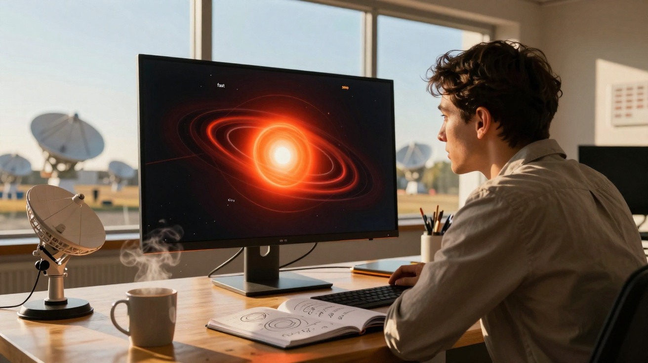 Young man studying a glowing red planetary system model on a computer screen in a bright room with satellite dishes outside.