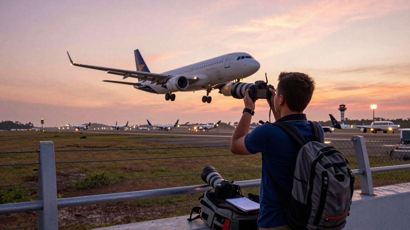 Man with backpack photographing a landing airplane at dusk near an airport fence with cameras on a bench.
