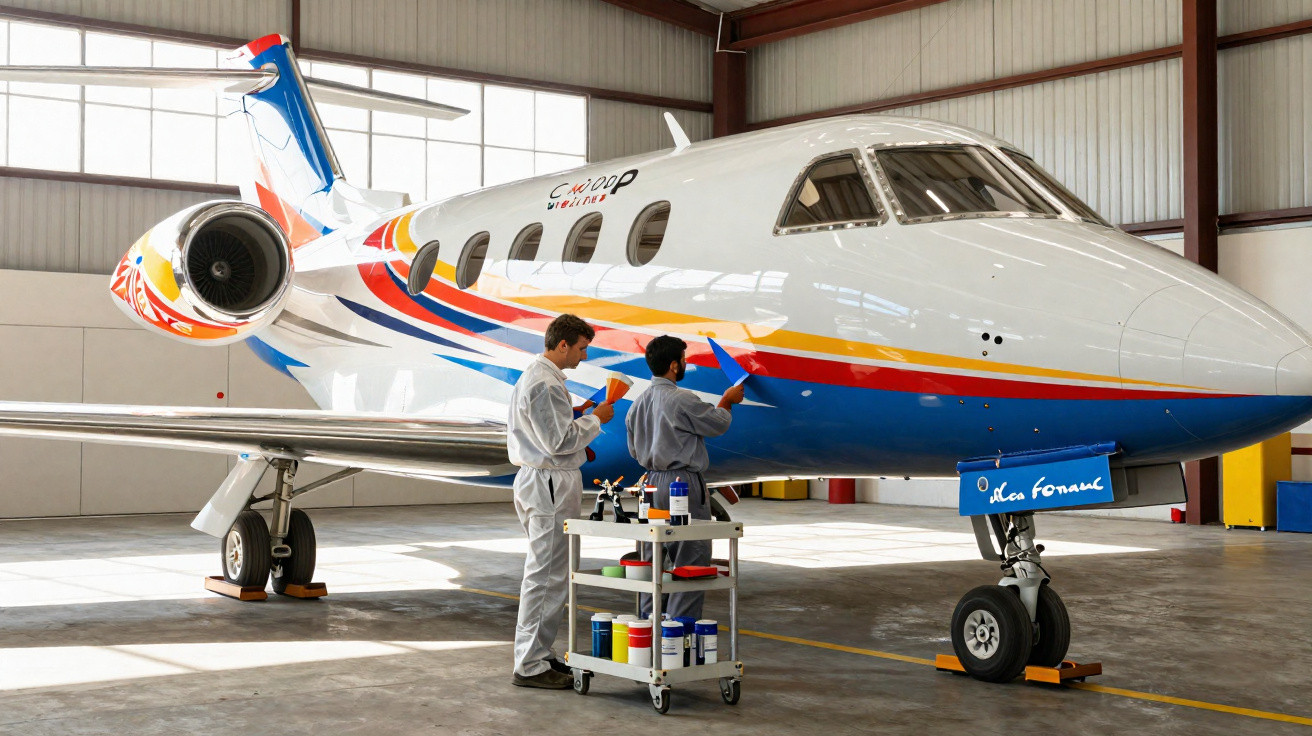 Two technicians applying paint to a private jet inside an aircraft hangar.