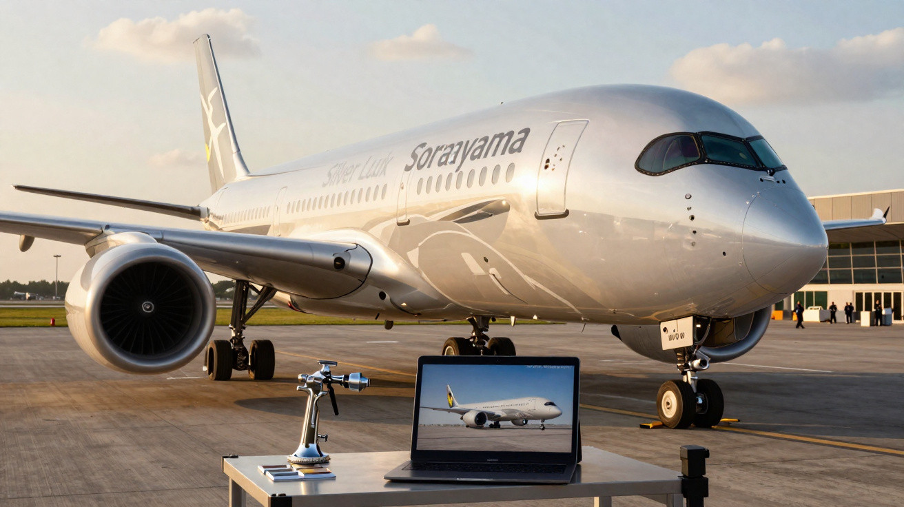 Silver futuristic Sorayama aircraft parked on runway with wind tunnel model and laptop on table in foreground