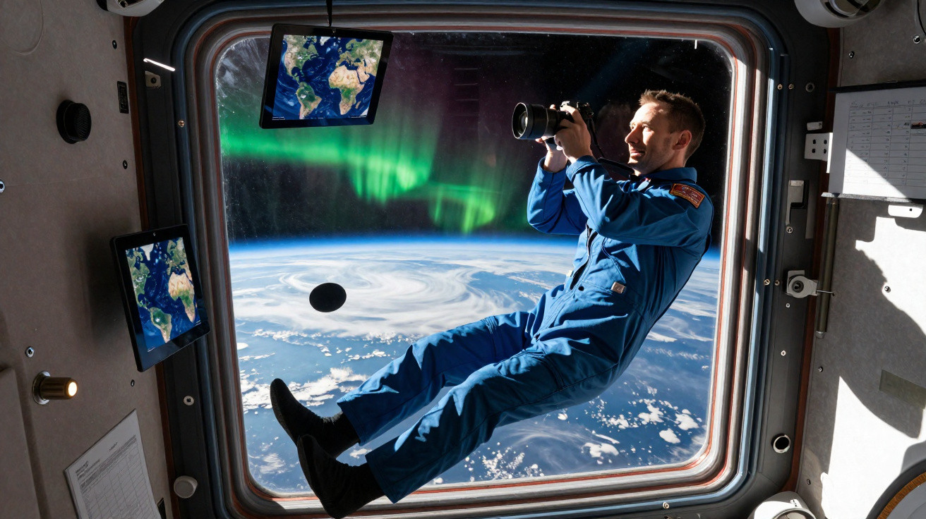 Astronaut in blue suit floating and taking photos of Earth and northern lights from spacecraft window.