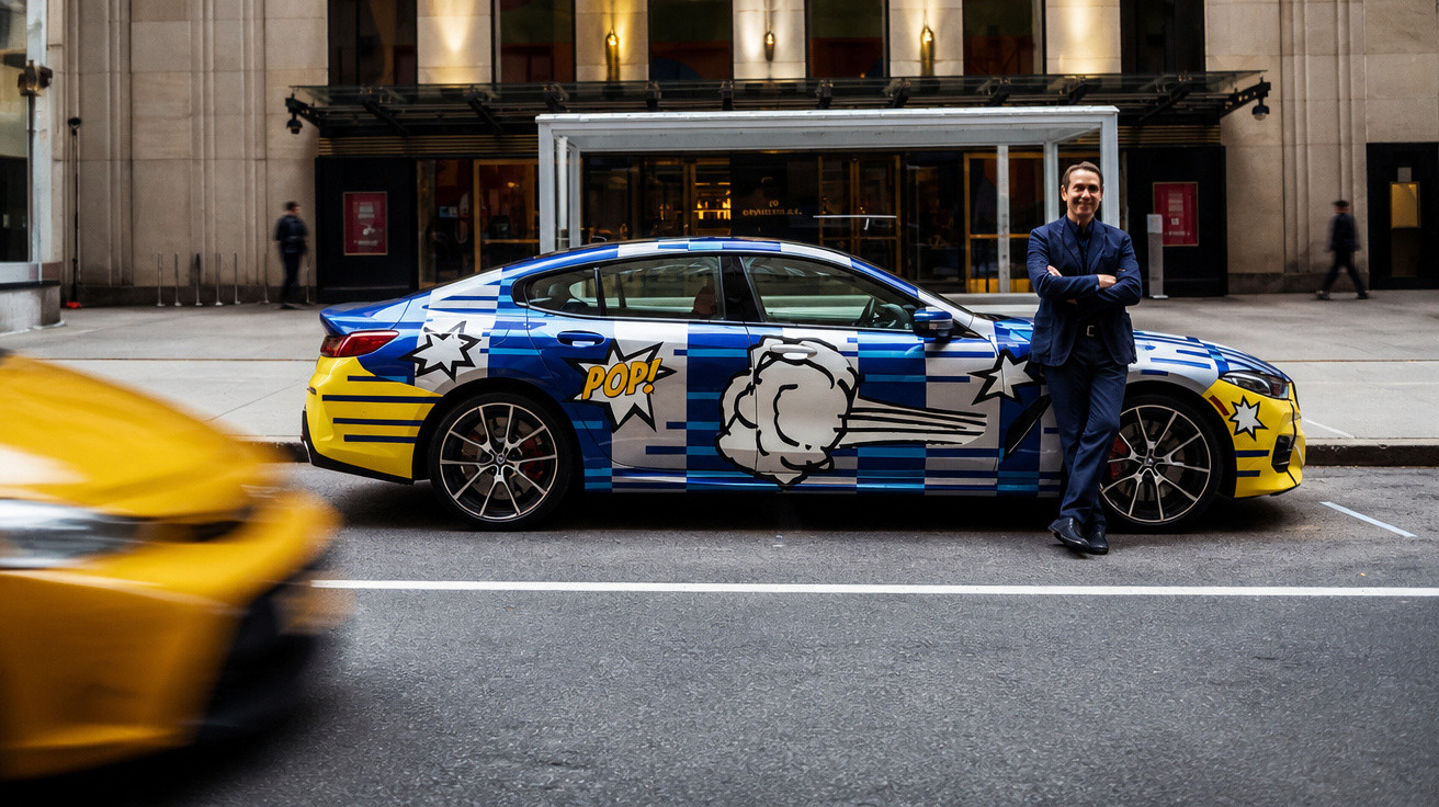 Man in suit leaning on a colourful comic-style painted car parked on a city street with a blurred yellow car passing.