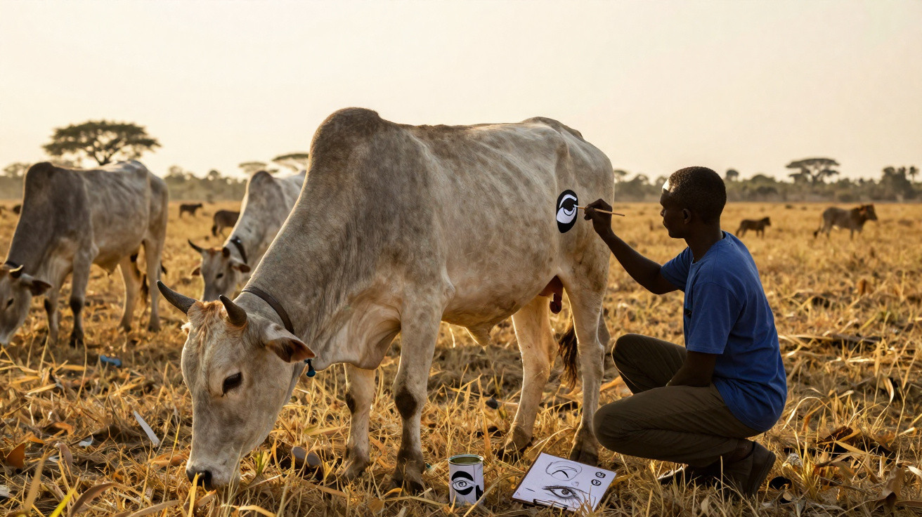 A man painting black and white eye designs on the side of a cow in a dry grassy field at sunset.
