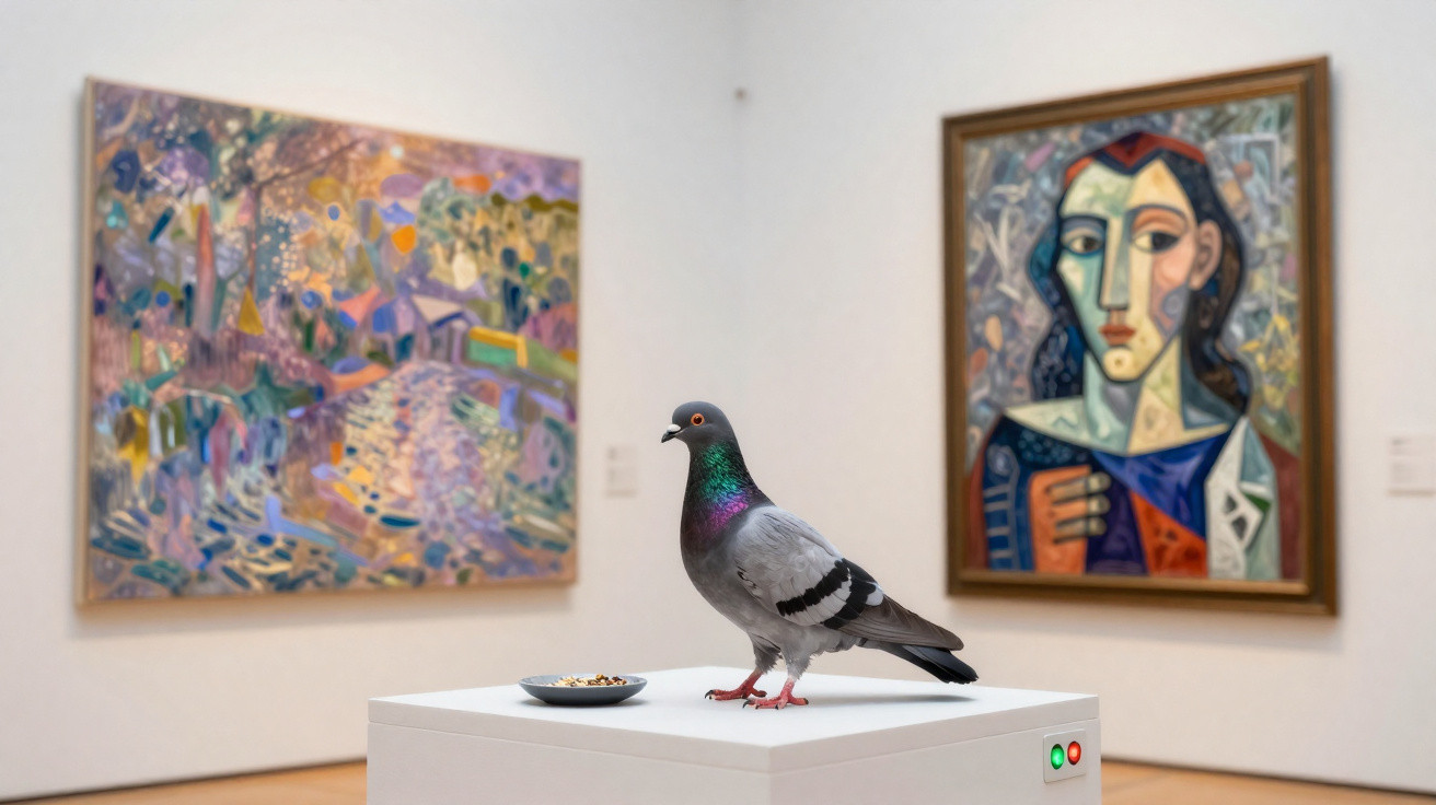 Pigeon standing on a white pedestal with a plate of food in an art gallery with two framed paintings on the walls.