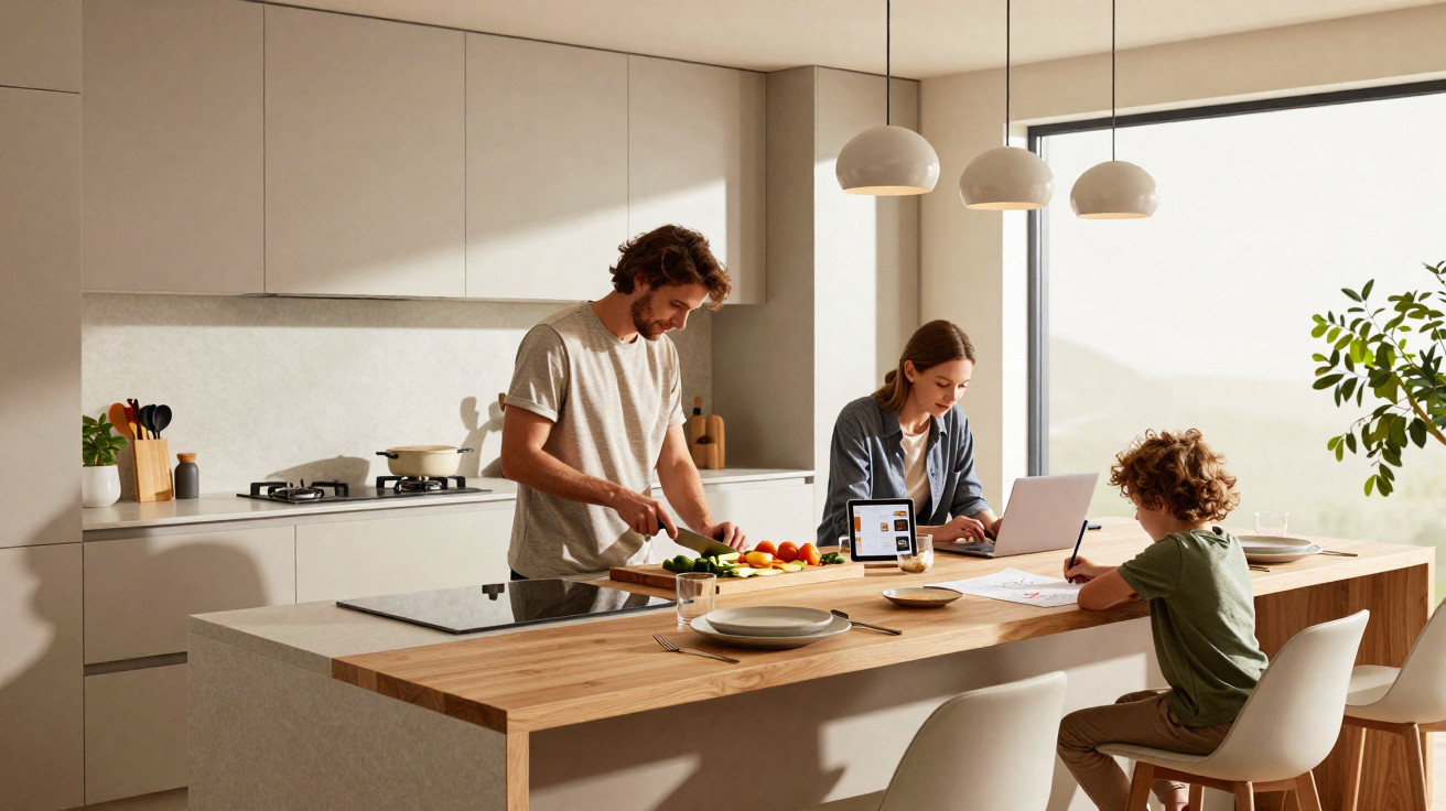 Family in modern kitchen with man preparing food, woman using laptop, and child drawing at wooden island table.