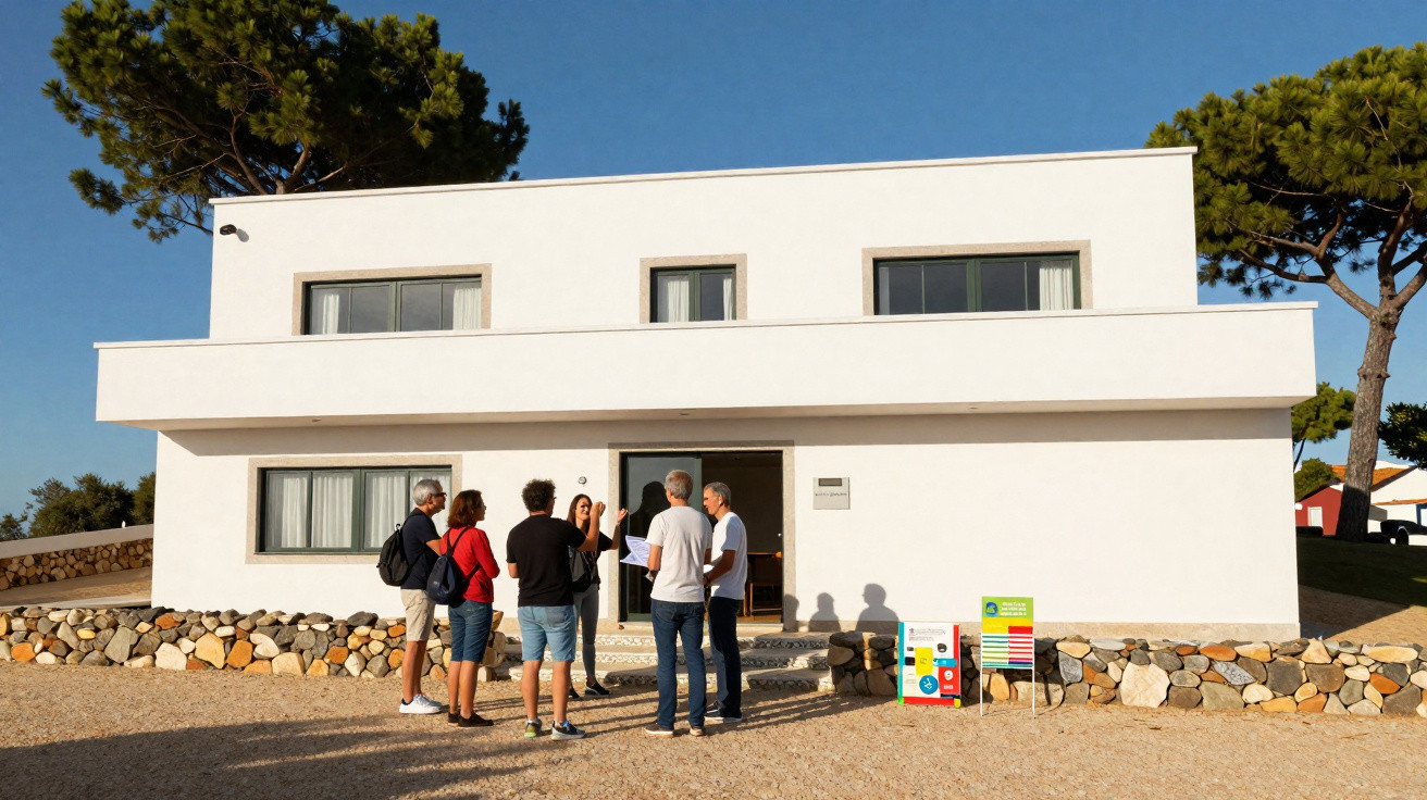 Group of six people standing outside a modern white building with stone wall and clear blue sky above