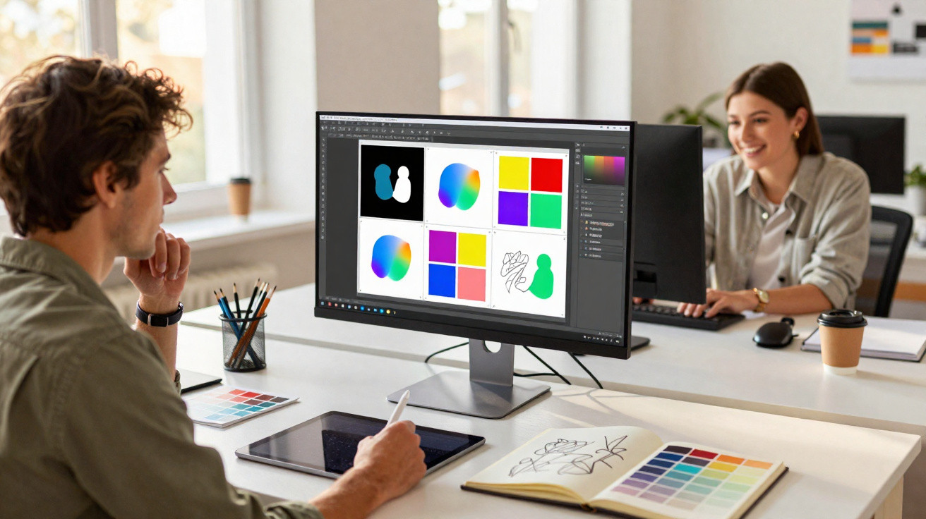 Two graphic designers working on digital and hand-drawn colour designs in a bright office space.