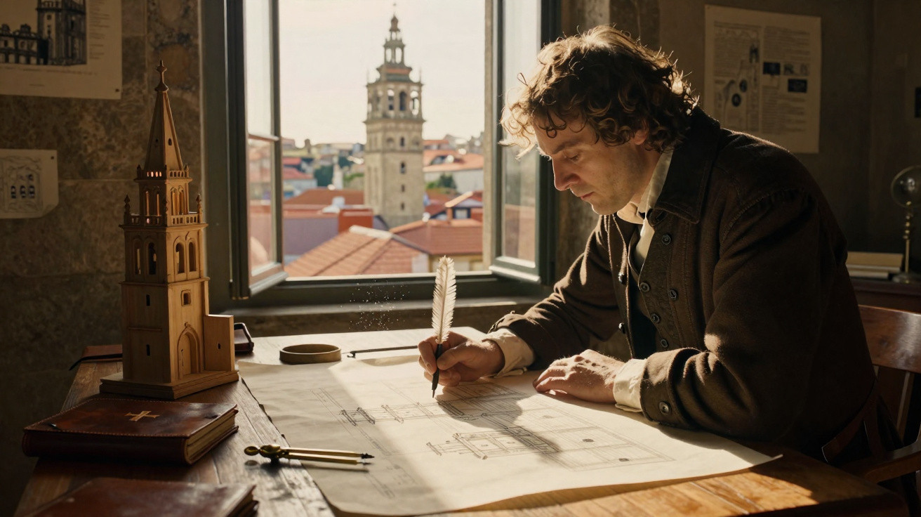 Man in historical clothing drawing architectural plans with a quill pen at a wooden desk by an open window.