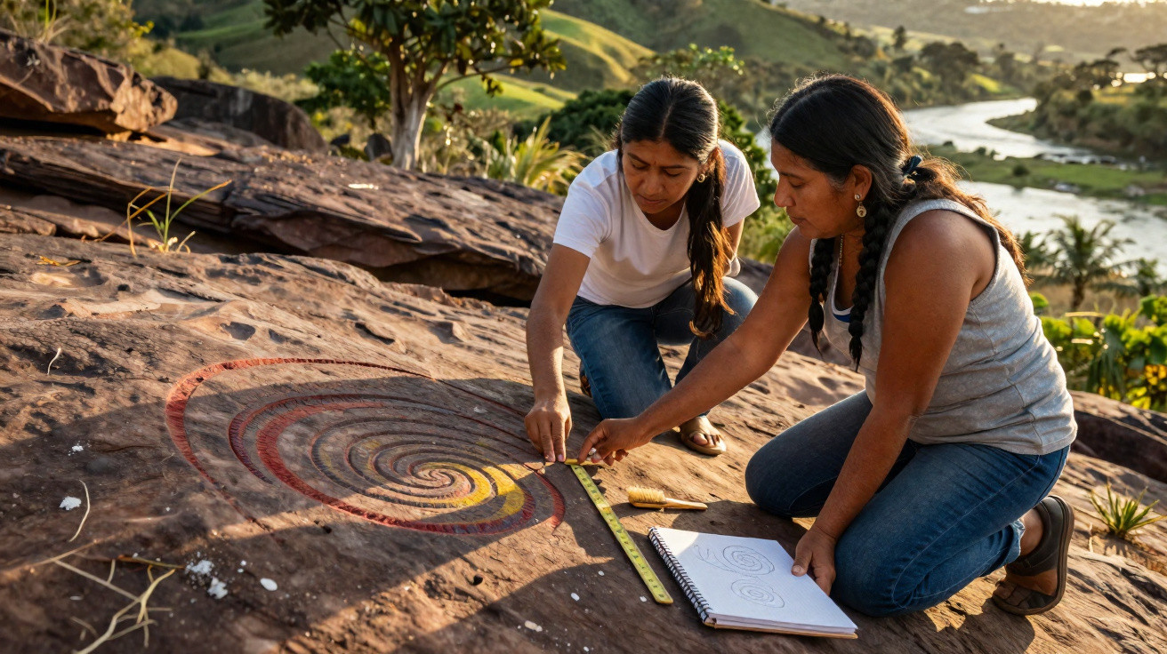 Two women measure and sketch a colourful spiral rock painting outdoors near a river.