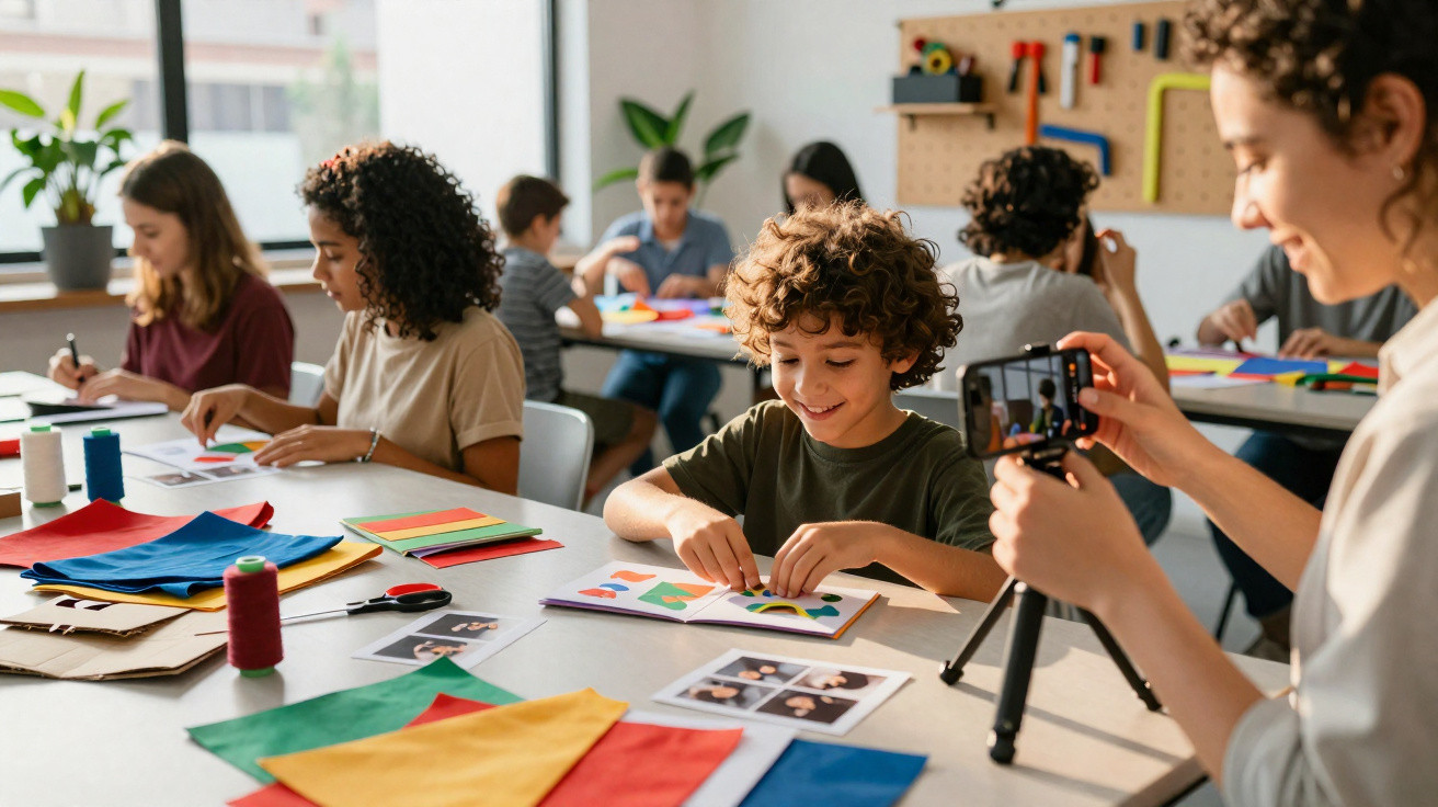 Children in a classroom creating crafts while a teacher records a boy smiling and working on an art project.