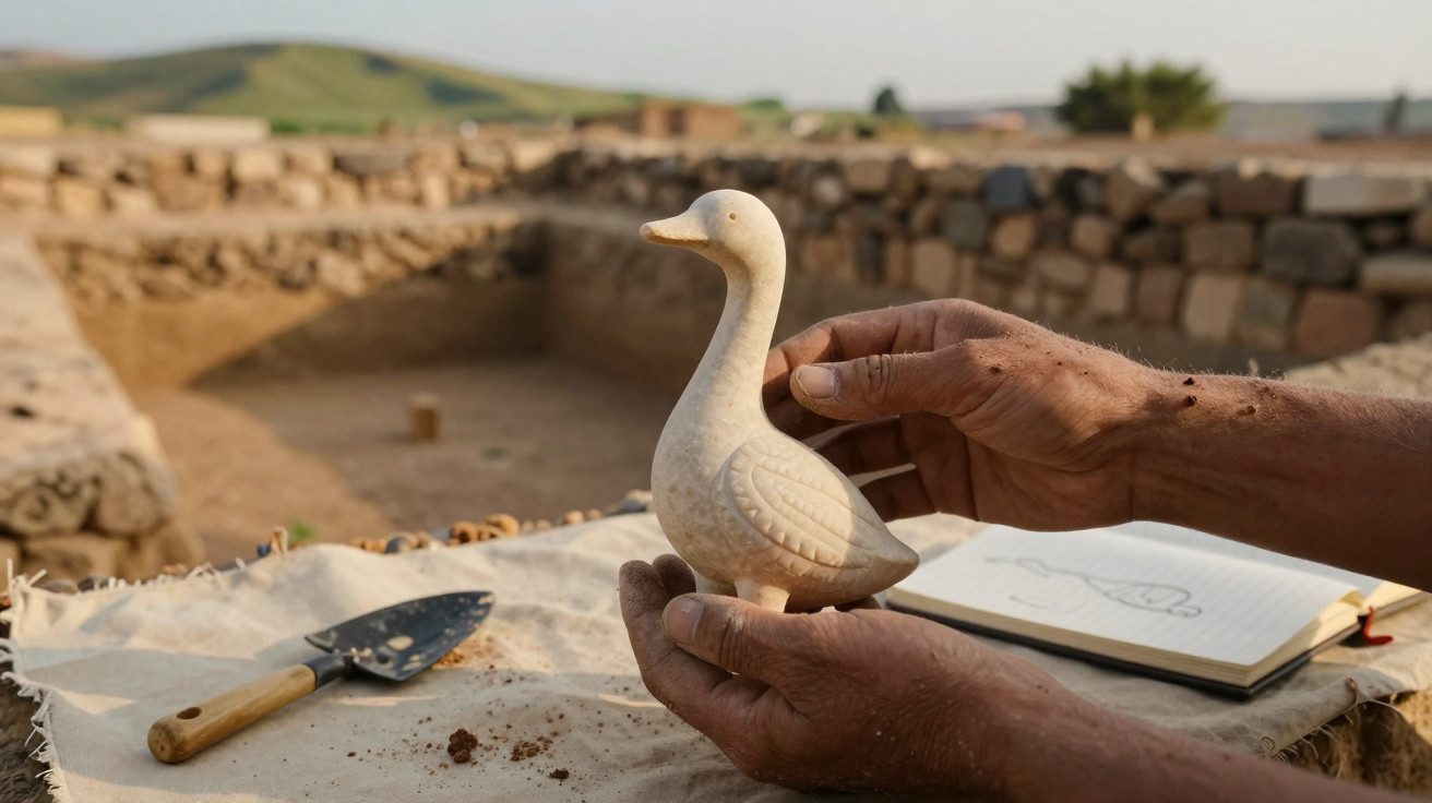 Hands holding a carved stone duck figurine at an archaeological dig site with tools and a notebook nearby.