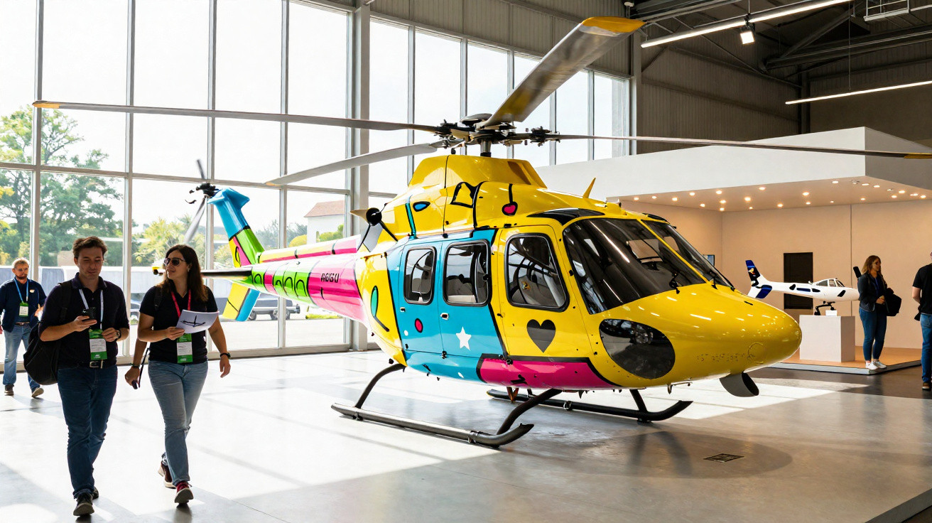 Colourful helicopter with music-themed design on display in a bright exhibition hall with visitors nearby.