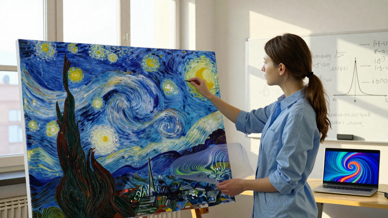 Woman painting a Starry Night-inspired artwork on a canvas in a bright studio room with a laptop nearby.