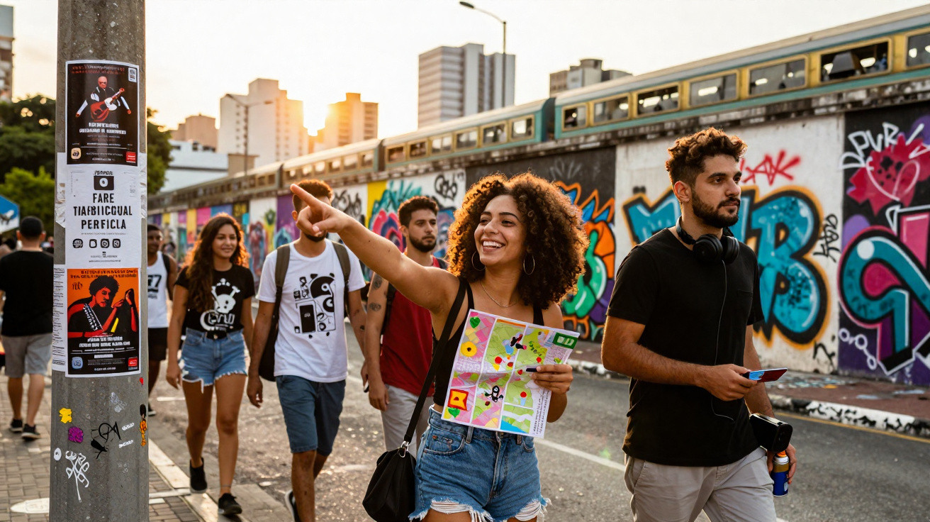 Group of young people walking along a graffiti-covered street, one woman holding a map and pointing ahead.