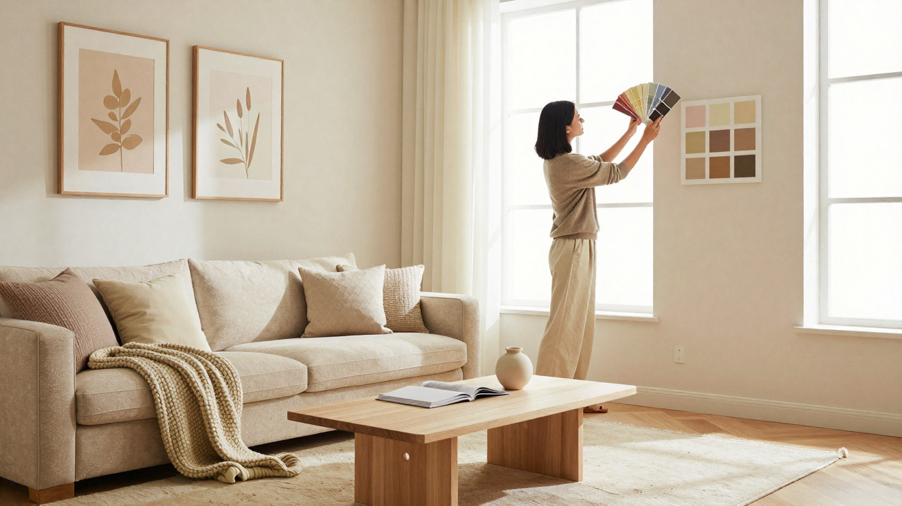Woman holding paint swatches in a beige living room with a sofa, coffee table, and wall art.