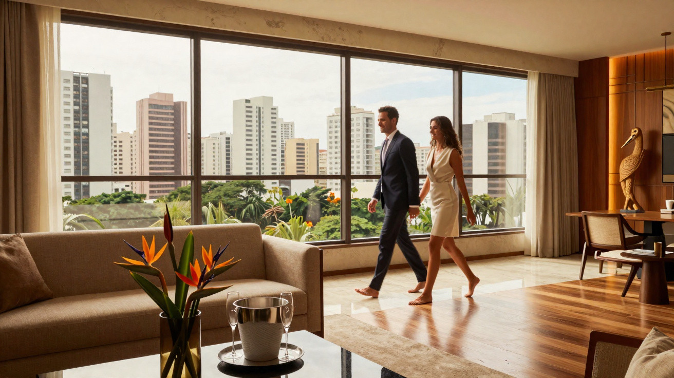 Couple walking barefoot in modern living room with large window showing city skyline and plants outside.