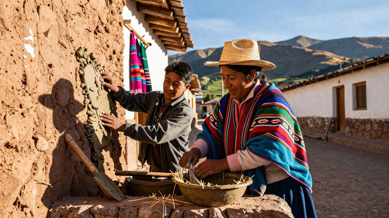 Two people in traditional clothing crafting pottery outdoors in a sunny mountain village street.