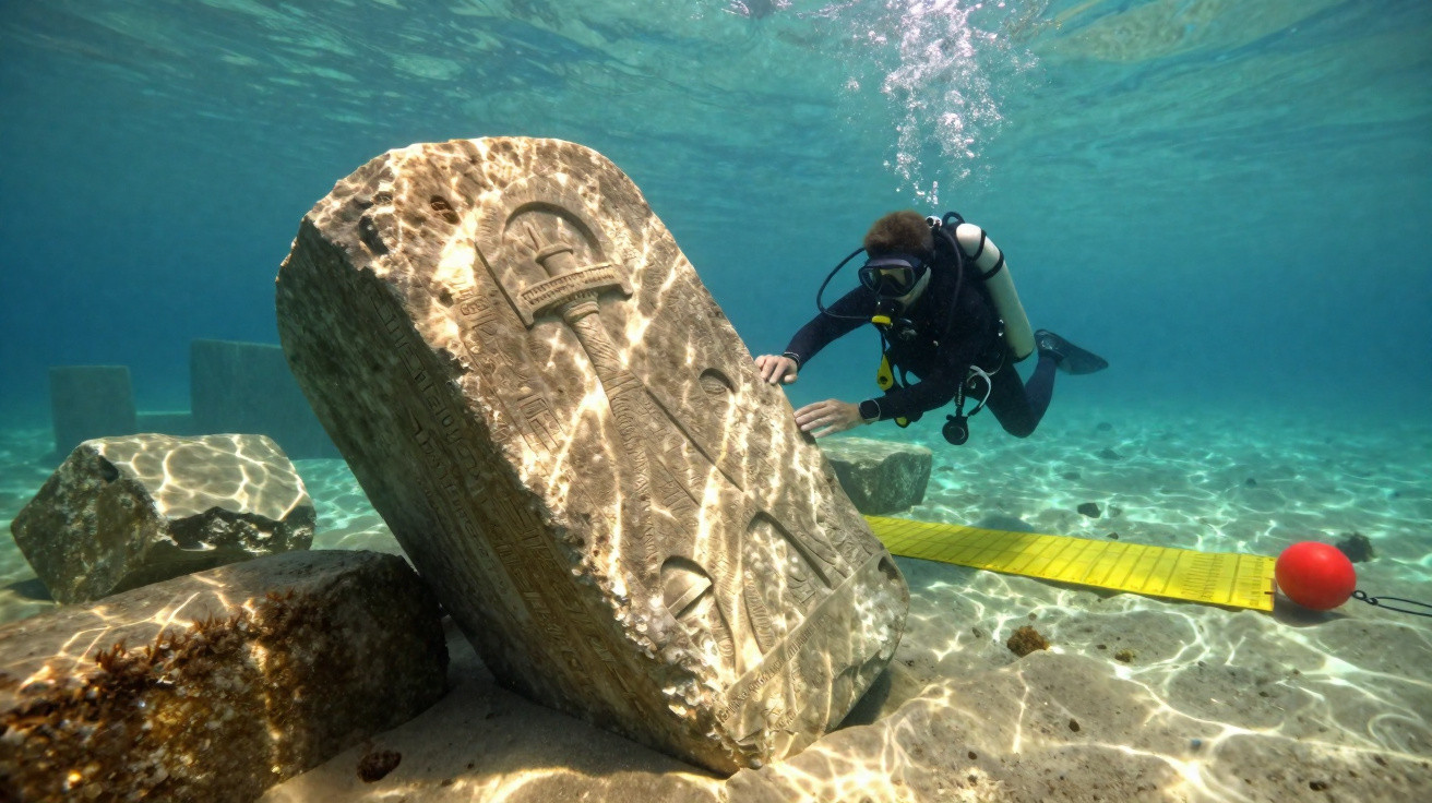 Diver examining a large ancient stone slab with carvings underwater in clear blue water.