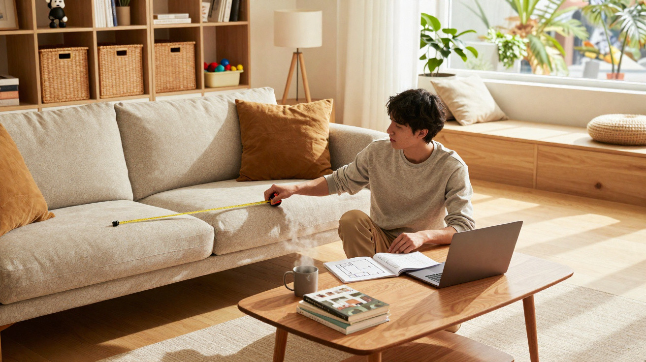 Person measuring a beige sofa with a tape measure in a bright, modern living room with wooden furniture.