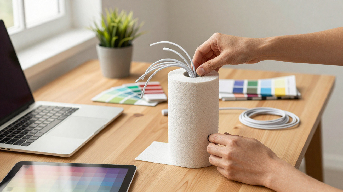 Hands pulling white cables from a paper towel roll on a wooden desk with laptop and colour swatches.