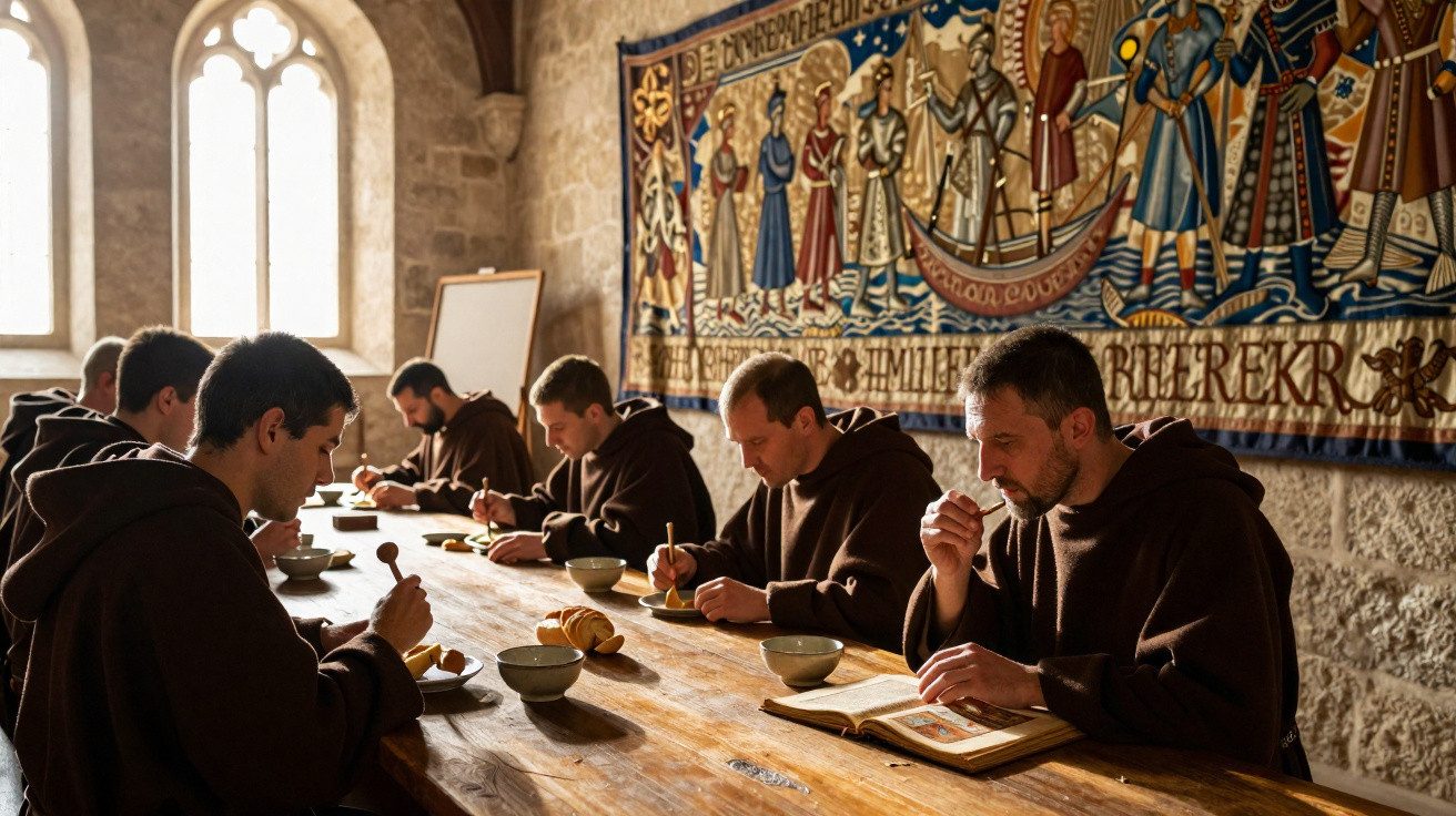 Monks in brown robes eating and reading at a wooden table in a sunlit medieval stone dining hall.